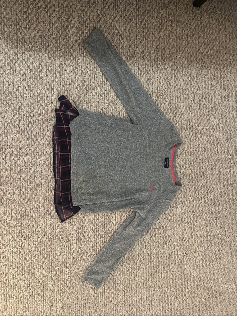 U.S. Polo Assn. Gray Crewneck Sweater with Burgundy Plaid Trim